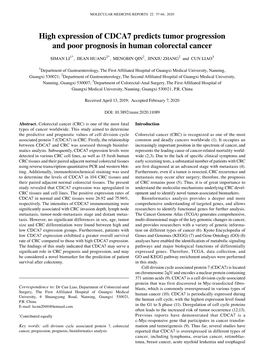 High Expression of CDCA7 Predicts Tumor Progression and Poor Prognosis in Human Colorectal Cancer