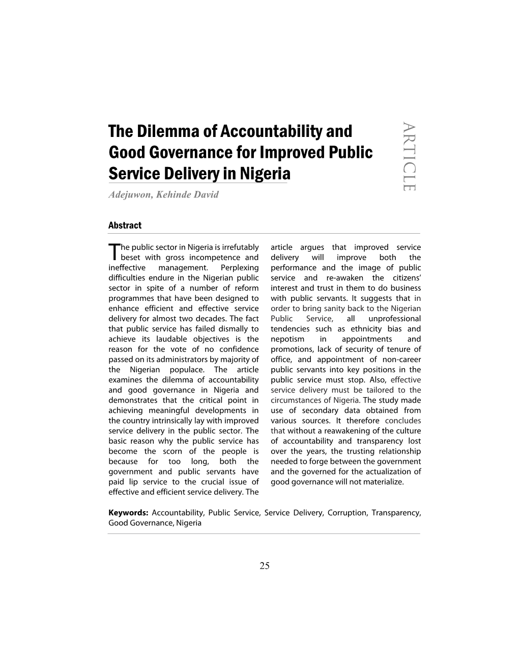 The Dilemma of Accountability and Good Governance for Improved Public Service Delivery in Nigeria