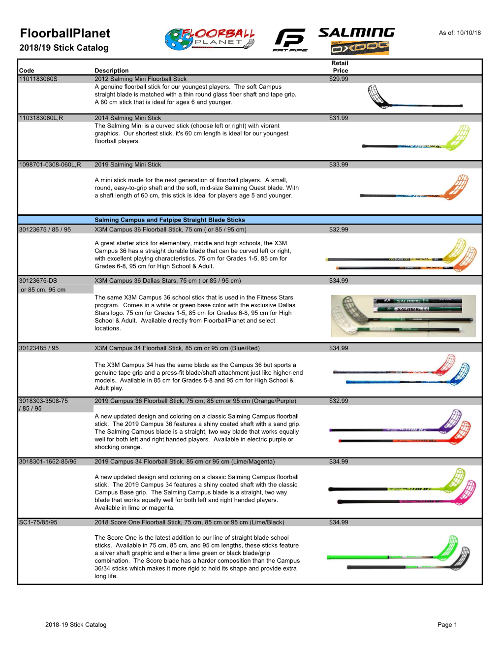 2018-19 Floorballplanet Stick Catalog (Pdf)