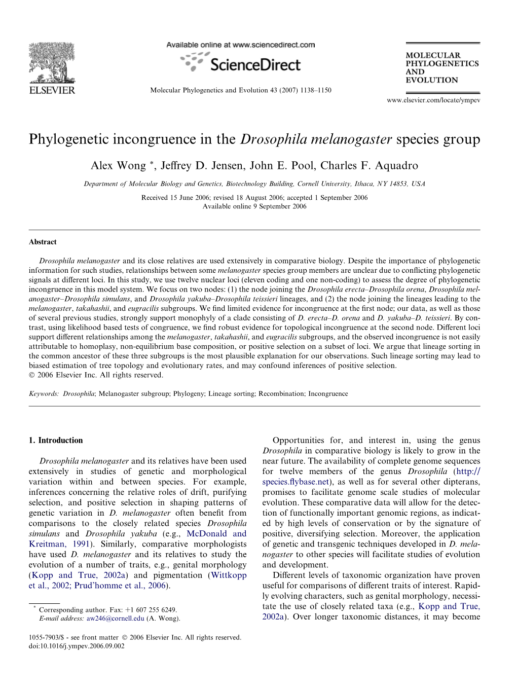 Phylogenetic Incongruence in the Drosophila Melanogaster Species Group