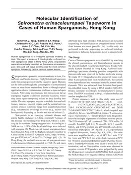 Molecular Identification of Spirometra Erinaceieuropaei Tapeworm in Cases of Human Sparganosis, Hong Kong