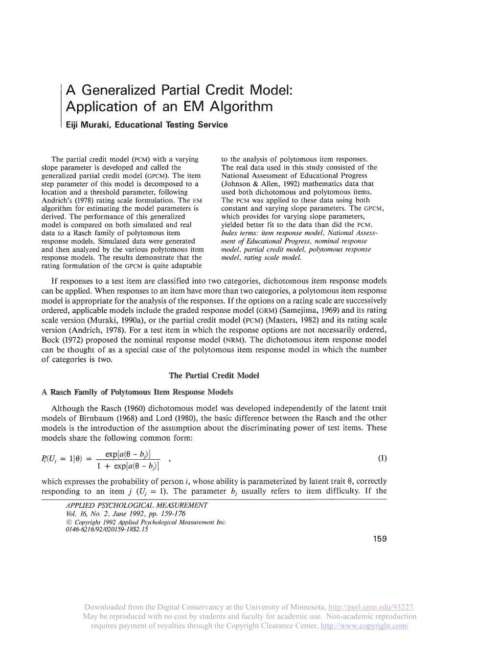 Application of an EM Algorithm Eiji Muraki, Educational Testing Service