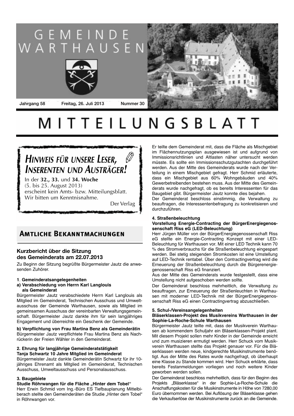 Hinweis Für Unsere Leser, Inserenten Und Austräger!