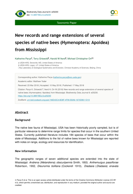 New Records and Range Extensions of Several Species of Native Bees (Hymenoptera: Apoidea) from Mississippi