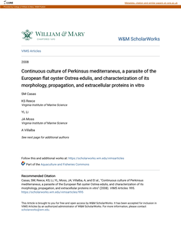 Continuous Culture of Perkinsus Mediterraneus, a Parasite