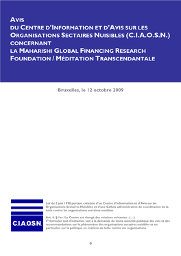 Organisations Sectaires Nuisibles (C.I.A.O.S.N.) Concernant La Maharishi Global Financing Research Foundation / Méditation Transcendantale