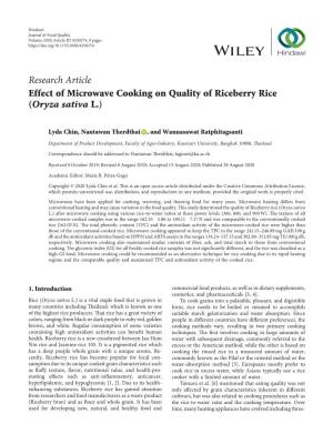 Research Article Effect of Microwave Cooking on Quality of Riceberry Rice (Oryza Sativa L.)