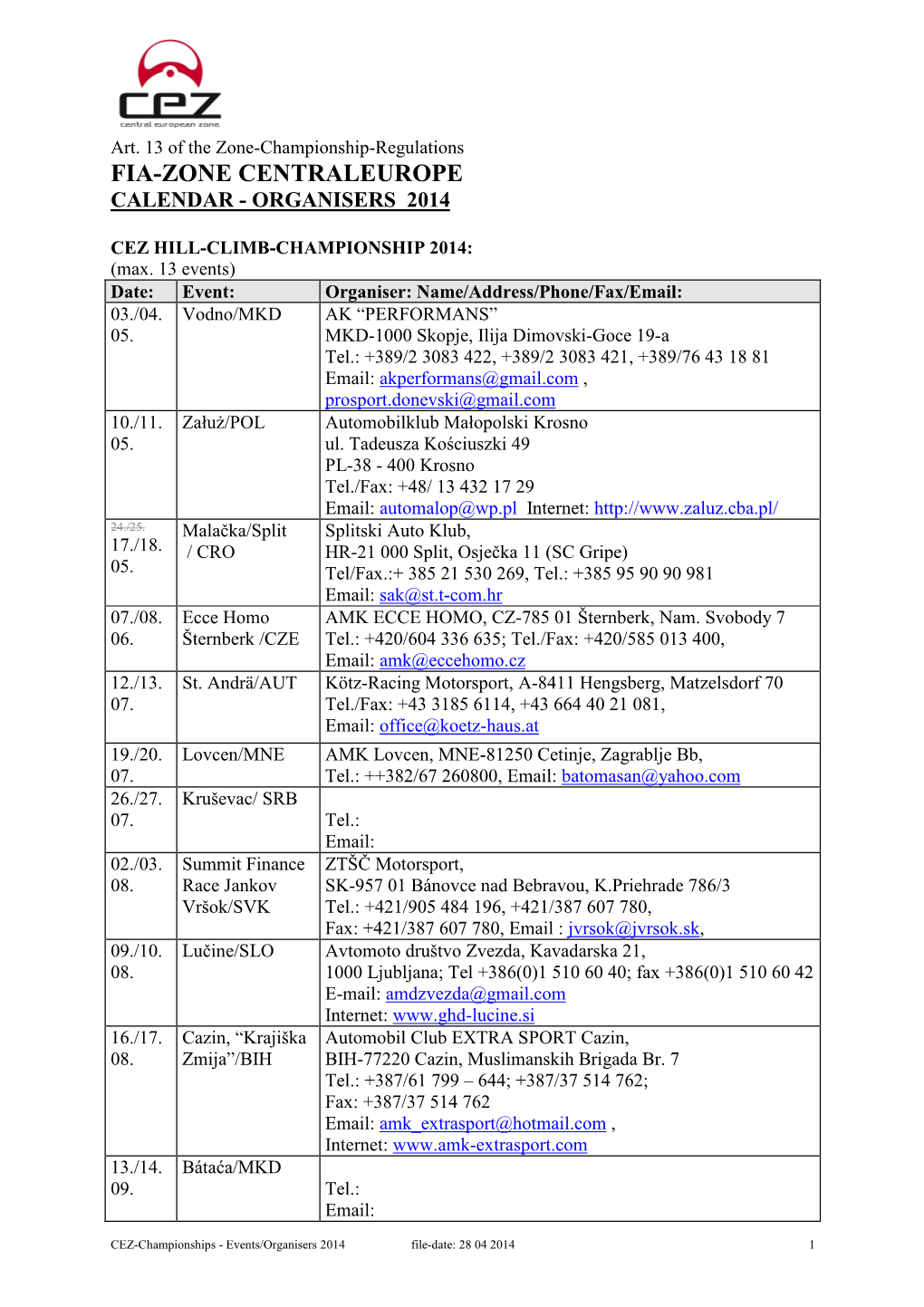 Fia-Zone Centraleurope Calendar - Organisers 2014