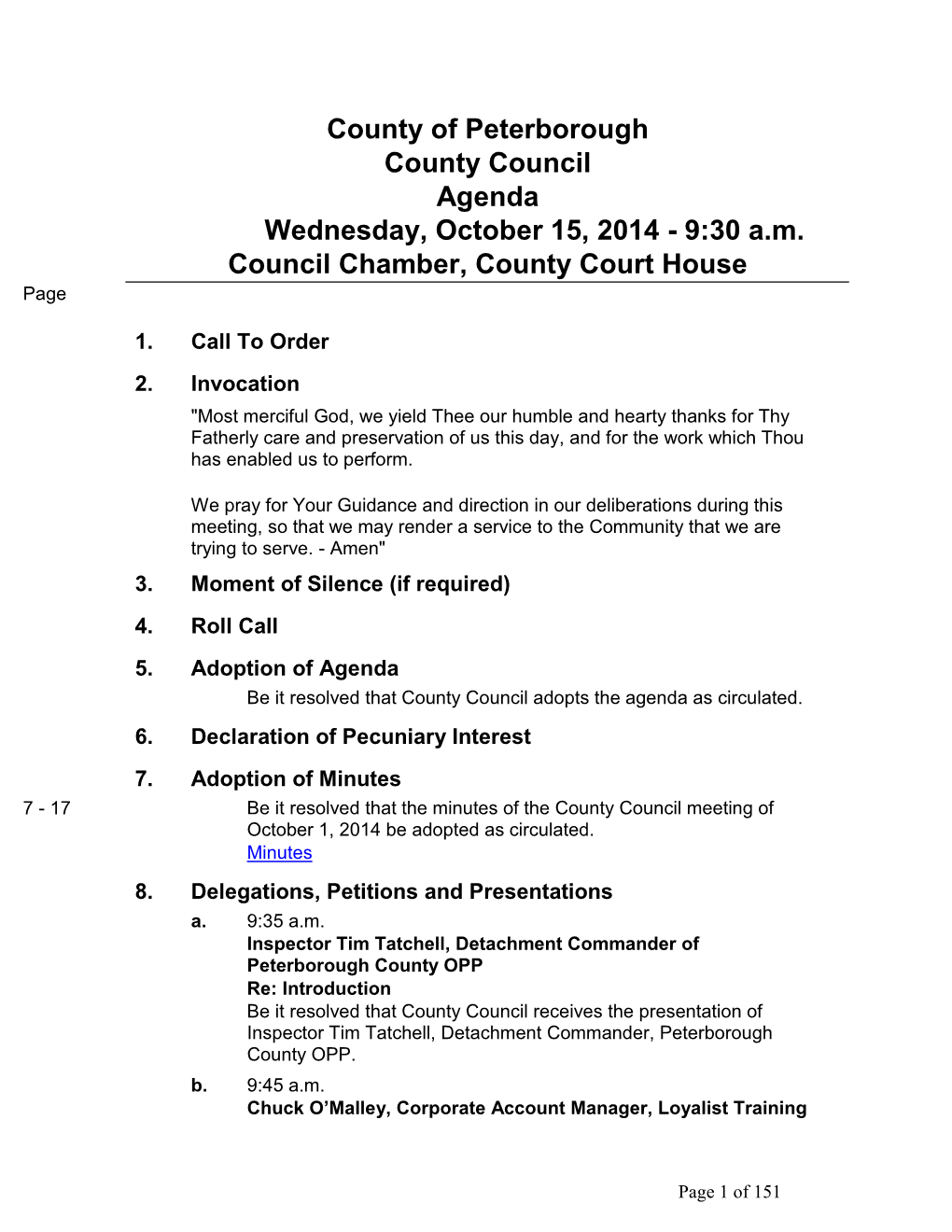 County of Peterborough County Council Agenda Wednesday, October 15, 2014 - 9:30 A.M