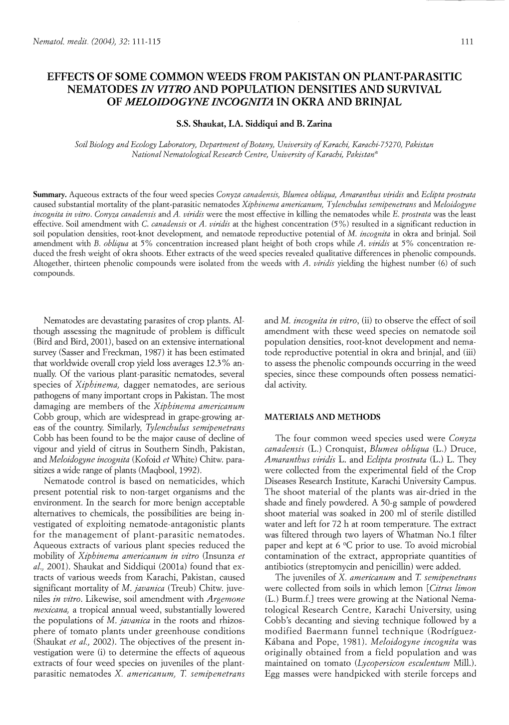 Effects of Some Common Weeds from Pakistan on Plant-Parasitic Nematodes in Vitro and Population Densities and Survival of Meloidogyne Incognita in Okra and Brinjal