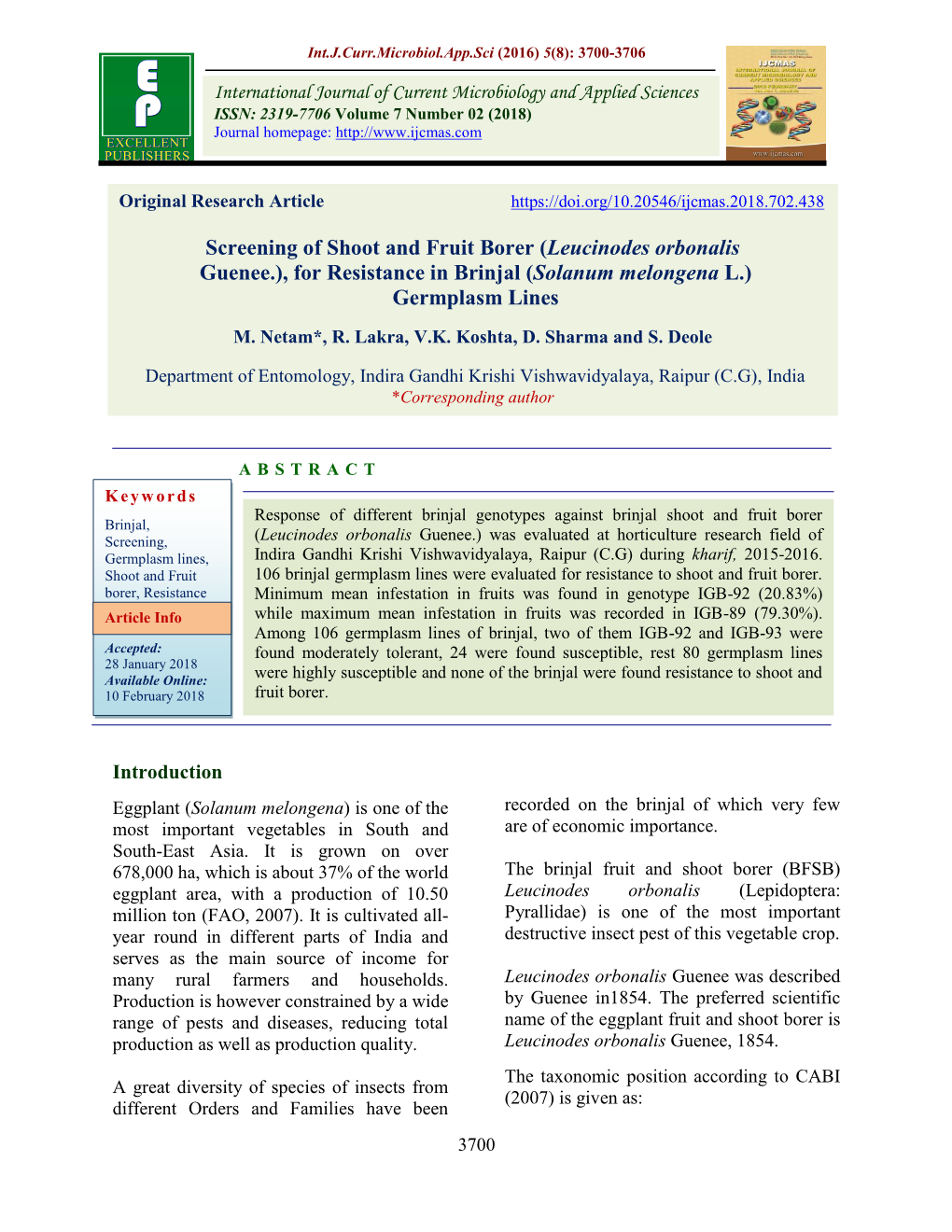 Screening of Shoot and Fruit Borer (Leucinodes Orbonalis Guenee.), for Resistance in Brinjal (Solanum Melongena L.) Germplasm Lines