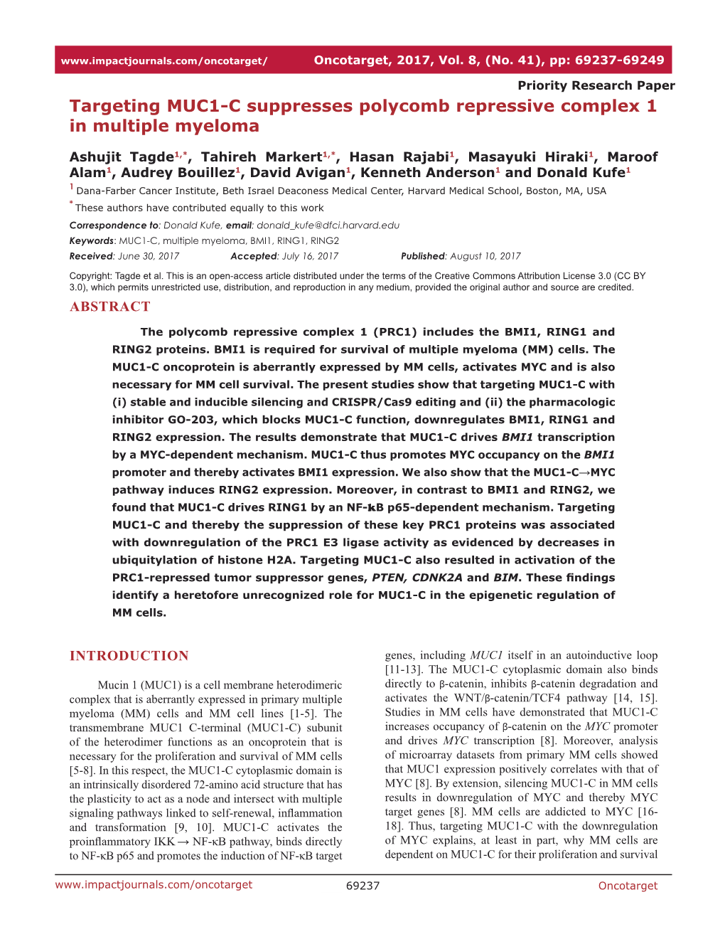 Targeting MUC1-C Suppresses Polycomb Repressive Complex 1 in Multiple Myeloma