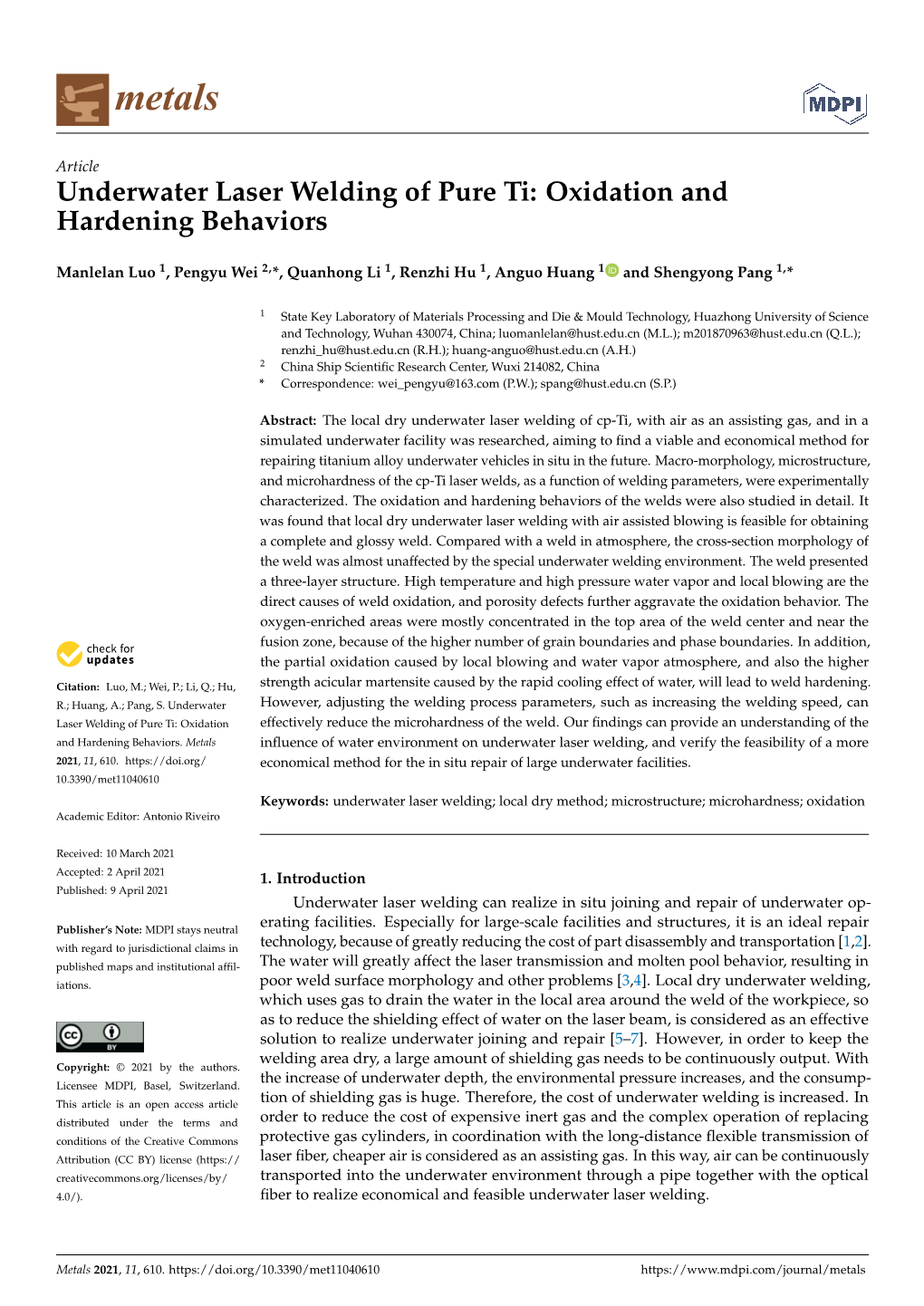 Underwater Laser Welding of Pure Ti: Oxidation and Hardening Behaviors