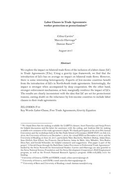 Labor Clauses in Trade Agreements: Worker Protection Or Protectionism?† Céline Carrère* Marcelo Olarreaga** Damian Raess***