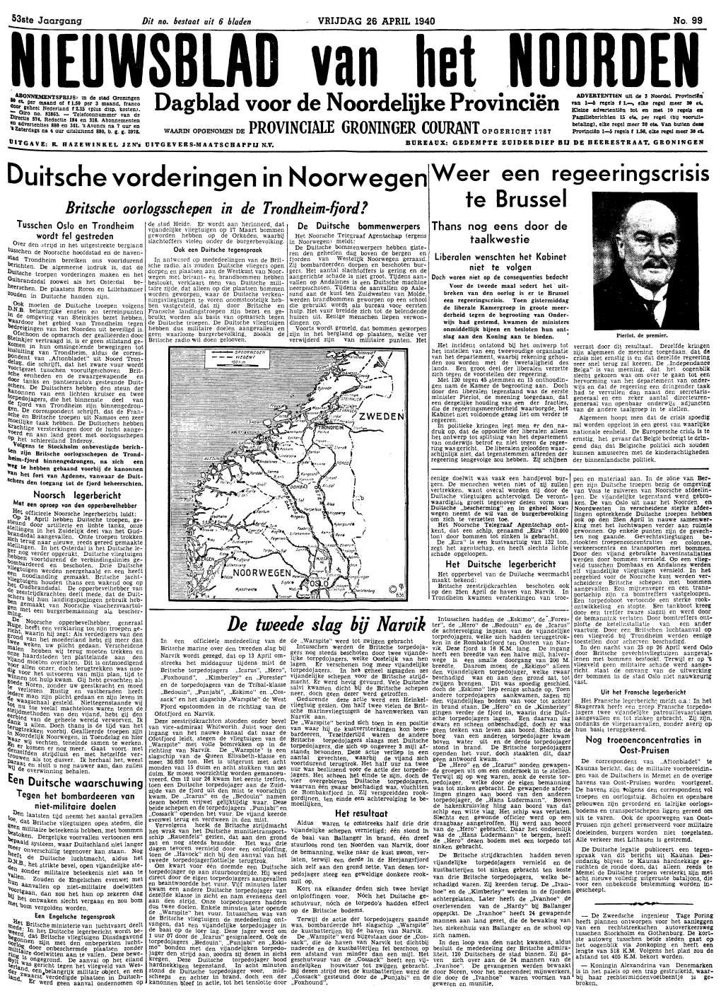 Nieuwsblad Van Het Noorden Van Vrijdag 26 April 1940 Eerste Blad