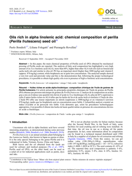 Oils Rich in Alpha Linolenic Acid: Chemical Composition of Perilla (Perilla Frutescens) Seed Oil☆