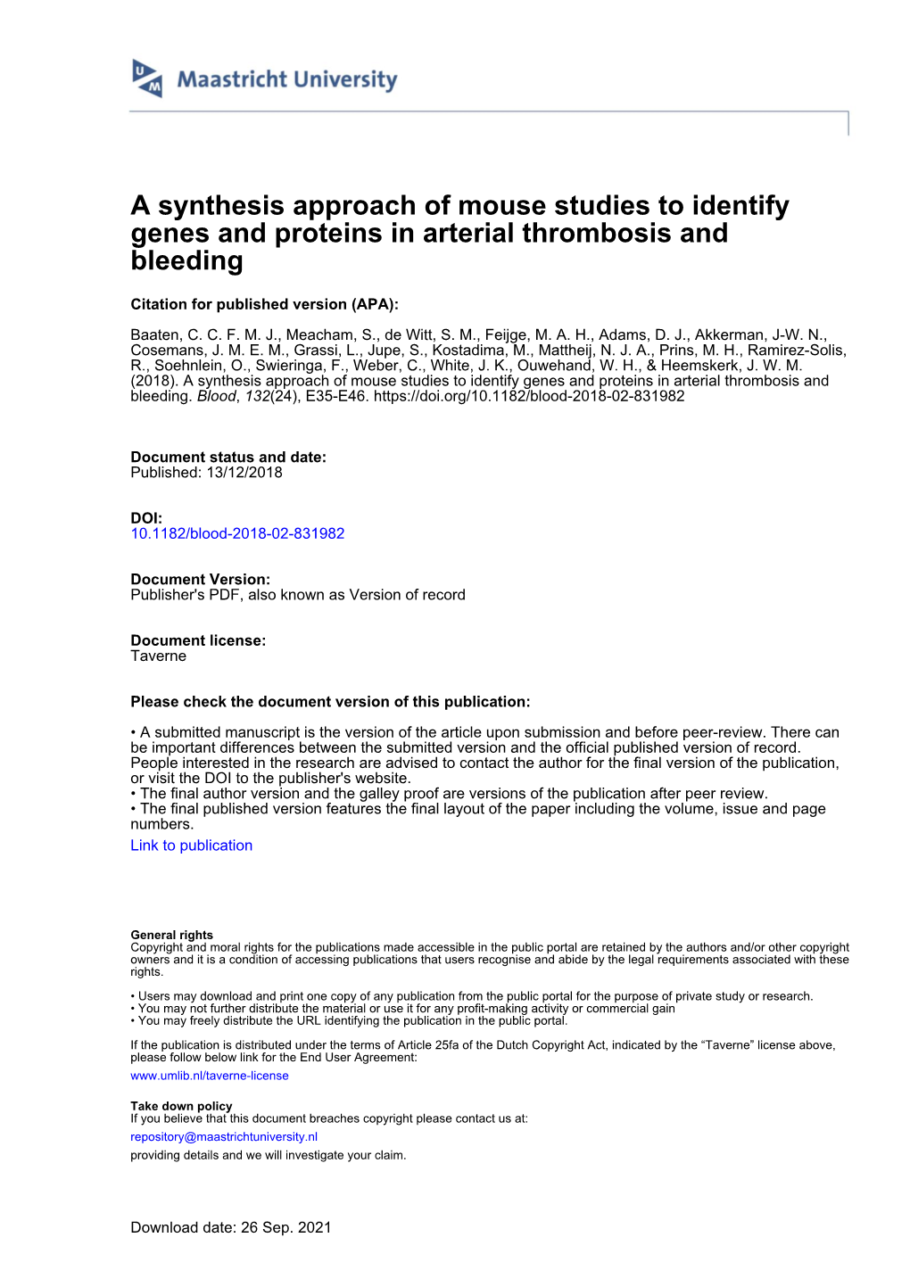 A Synthesis Approach of Mouse Studies to Identify Genes and Proteins in Arterial Thrombosis and Bleeding