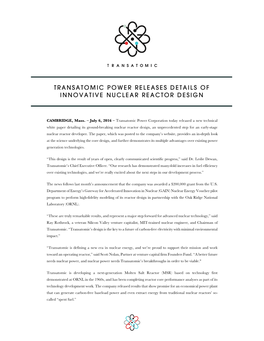CAMBRIDGE, Mass. – July 6, 2016 – Transatomic Power Corporation