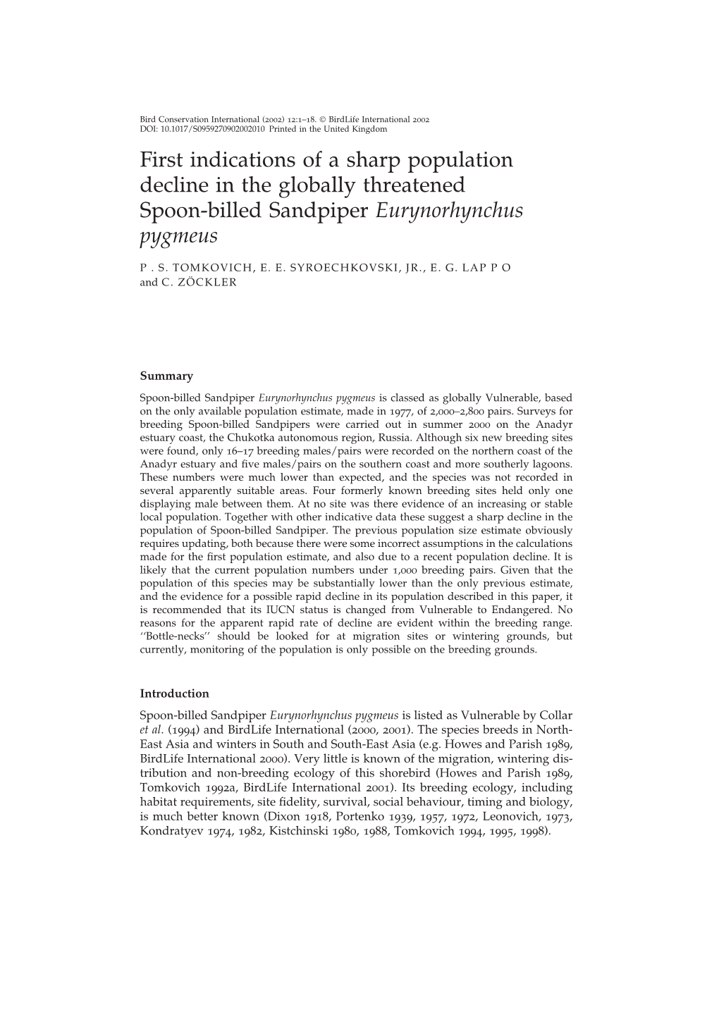 First Indications of a Sharp Population Decline in the Globally Threatened Spoon-Billed Sandpiper Eurynorhynchus Pygmeus