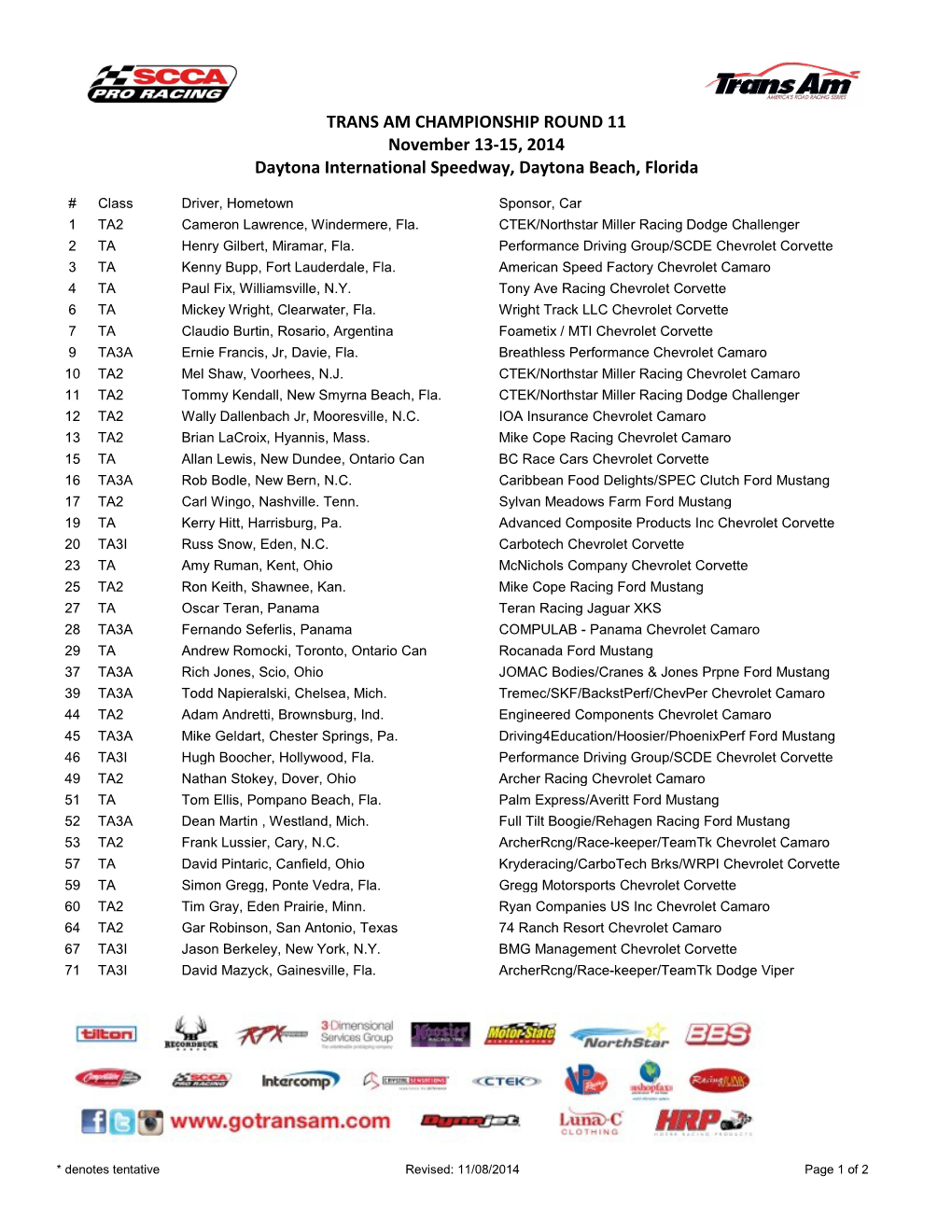 TRANS AM CHAMPIONSHIP ROUND 11 November 13-15, 2014 Daytona International Speedway, Daytona Beach, Florida