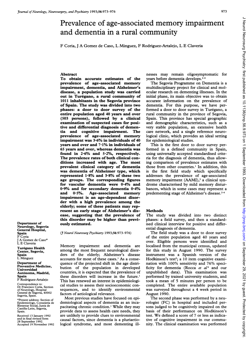 Prevalence of Age-Associated Memory Impairment and Dementia in a Rural Community