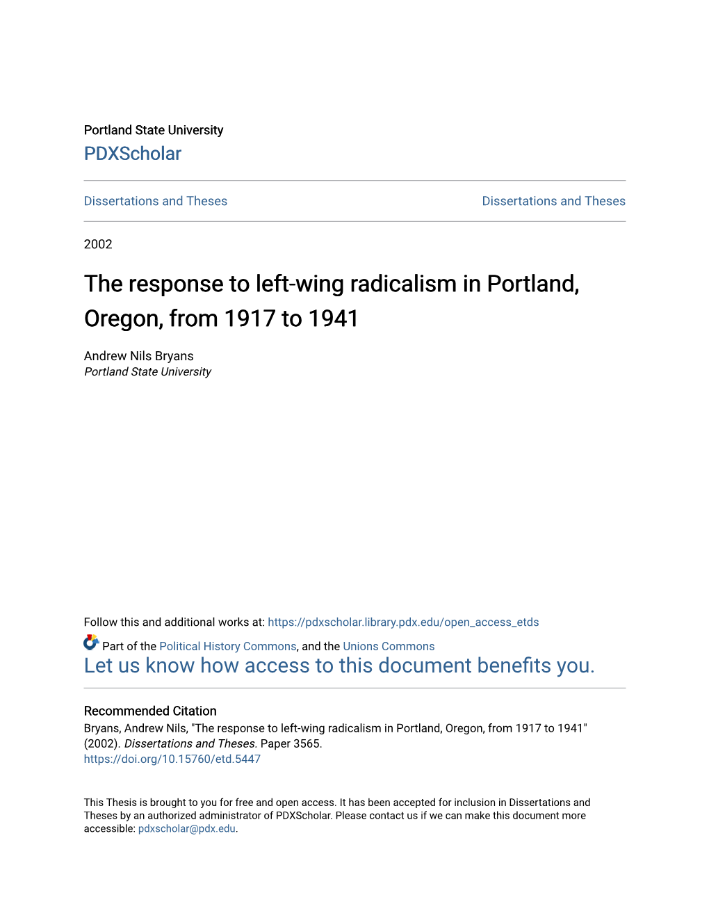 The Response to Left-Wing Radicalism in Portland, Oregon, from 1917 to 1941