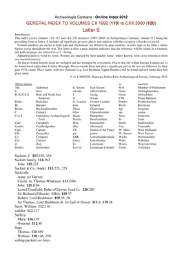 Letter S Introduction This Index Covers Volumes 110–112 and 114–120 Inclusive (1992–2000) of Archaeologia Cantiana, Volume 113 Being the Preceding General Index