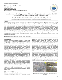 Observations on Some Breeding Parameters of Kashmir Rock Agama (Laudakia Tuberculata Hardwicke & Gray, 1827) from Teetwal Kupwara (Jammu & Kashmir), India