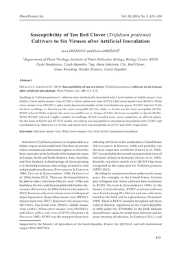 (Trifolium Pratense) Cultivars to Six Viruses After Artificial Inoculation