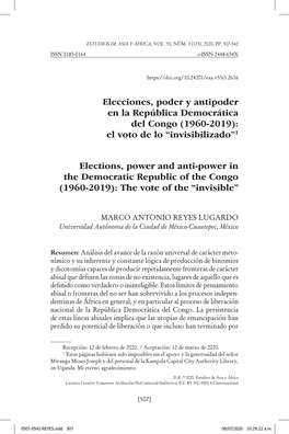 Elecciones, Poder Y Antipoder En La República Democrática Del Congo (1960-2019): El Voto De Lo “Invisibilizado”1