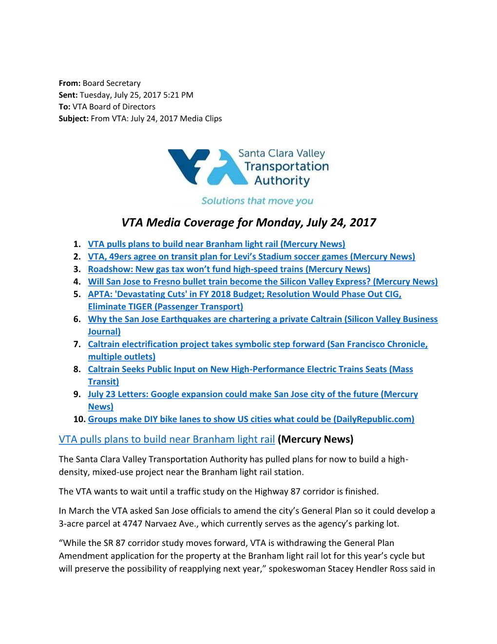 VTA Media Coverage for Monday, July 24, 2017