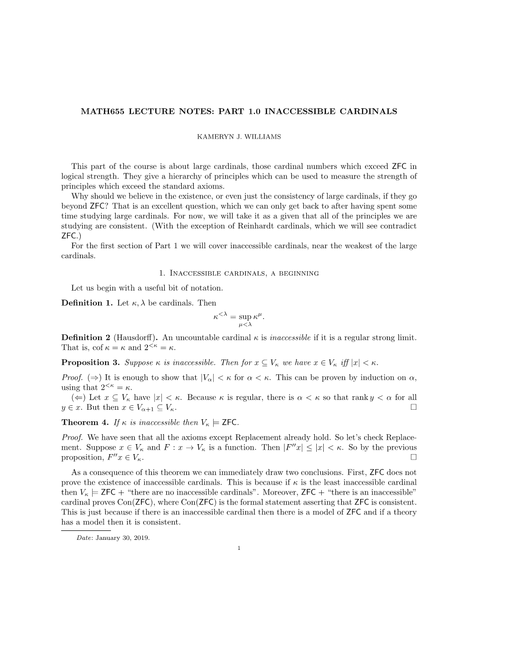 Math655 Lecture Notes: Part 1.0 Inaccessible Cardinals