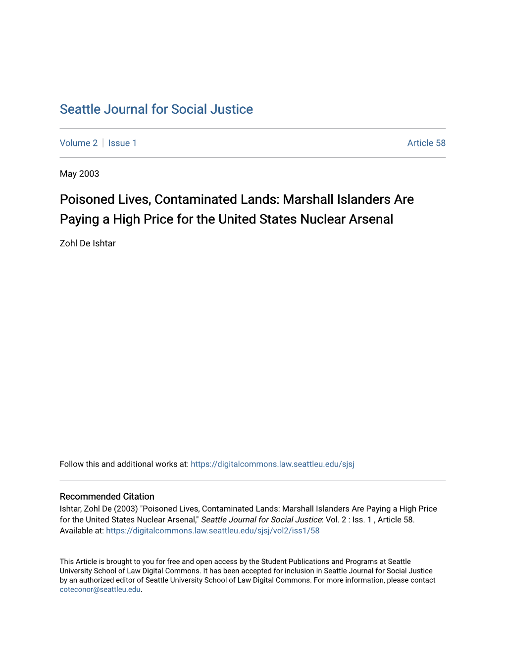 Poisoned Lives, Contaminated Lands: Marshall Islanders Are Paying a High Price for the United States Nuclear Arsenal