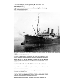 'Canada's Titanic' Finally Getting Its Due After 100 Years (With Video)