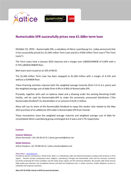 Numericable-SFR Successfully Prices New €1.68Bn Term Loan
