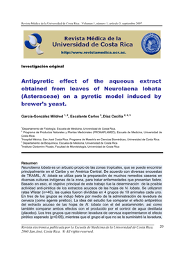 Antipyretic Effect of the Aqueous Extract Obtained from Leaves of Neurolaena Lobata (Asteraceae) on a Pyretic Model Induced by Brewer’S Yeast