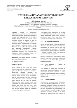 Water Quality Analysis in Velachery Lake, Chennai- a Review