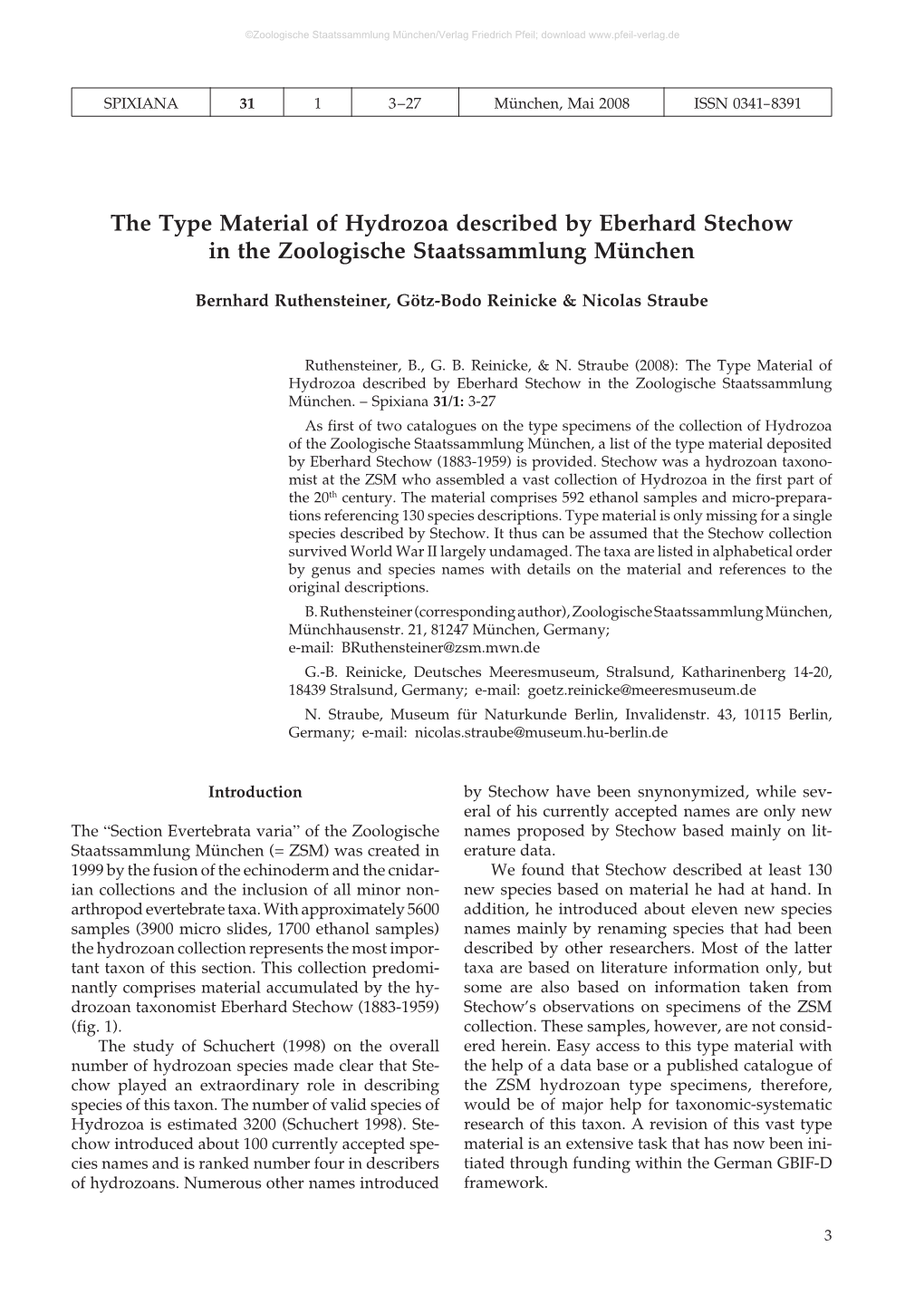 The Type Material of Hydrozoa Described by Eberhard Stechow in the Zoologische Staatssammlung München