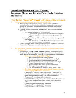American Revolution Unit Content: Important Phases and Turning Points in the American Revolution