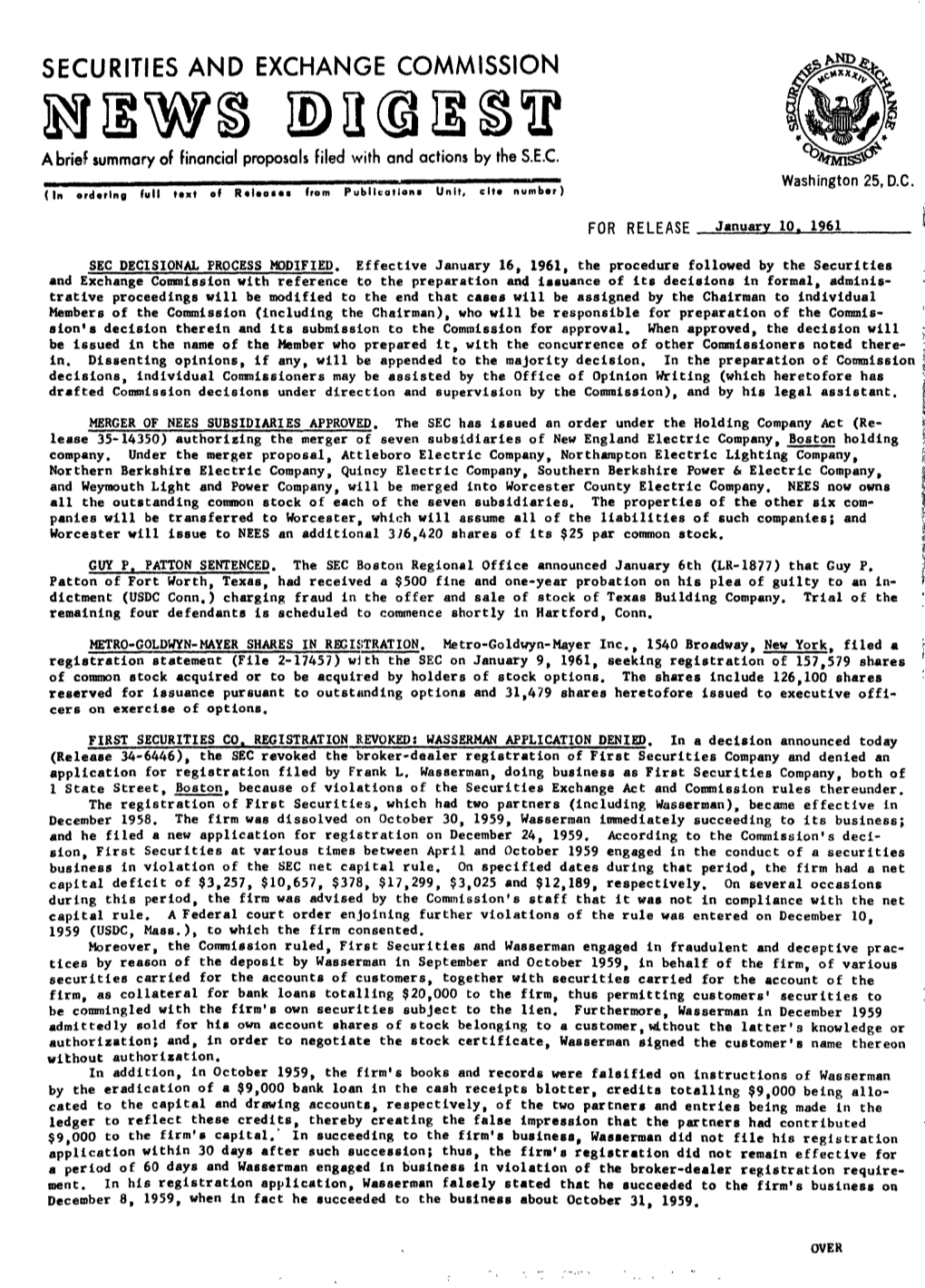SEC News Digest, 01-10-1961