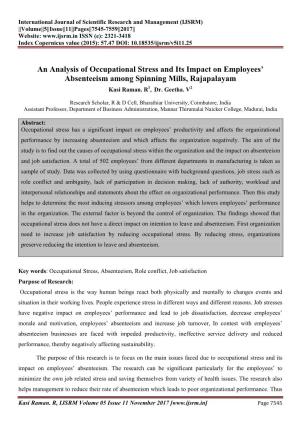 An Analysis of Occupational Stress and Its Impact on Employees’ Absenteeism Among Spinning Mills, Rajapalayam Kasi Raman