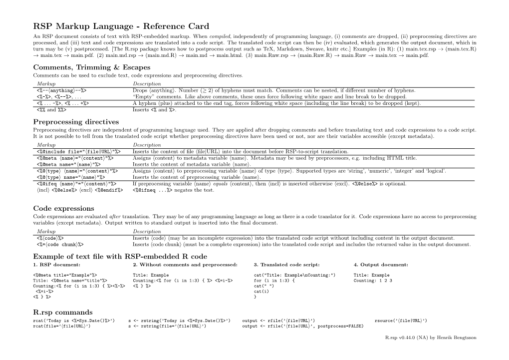 RSP Markup Language - Reference Card an RSP Document Consists of Text with RSP-Embedded Markup