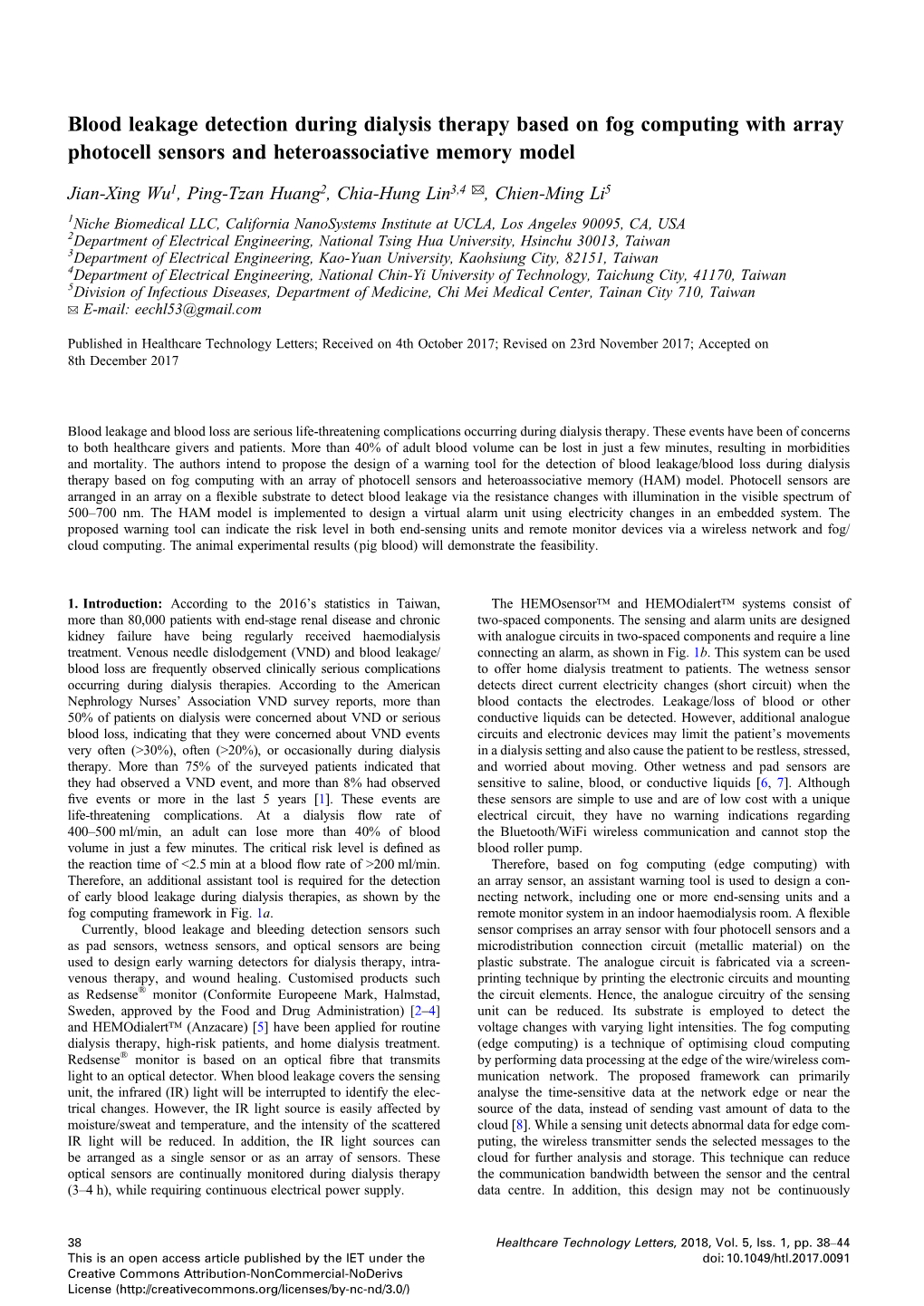 Blood Leakage Detection During Dialysis Therapy Based on Fog Computing with Array Photocell Sensors and Heteroassociative Memory Model