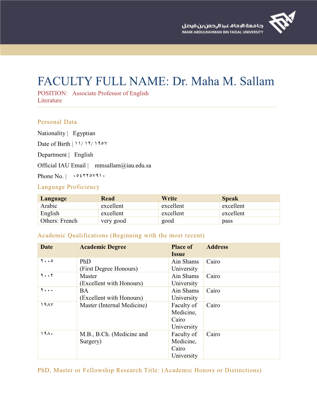 Dr. Maha M. Sallam POSITION: Associate Professor of English Literature