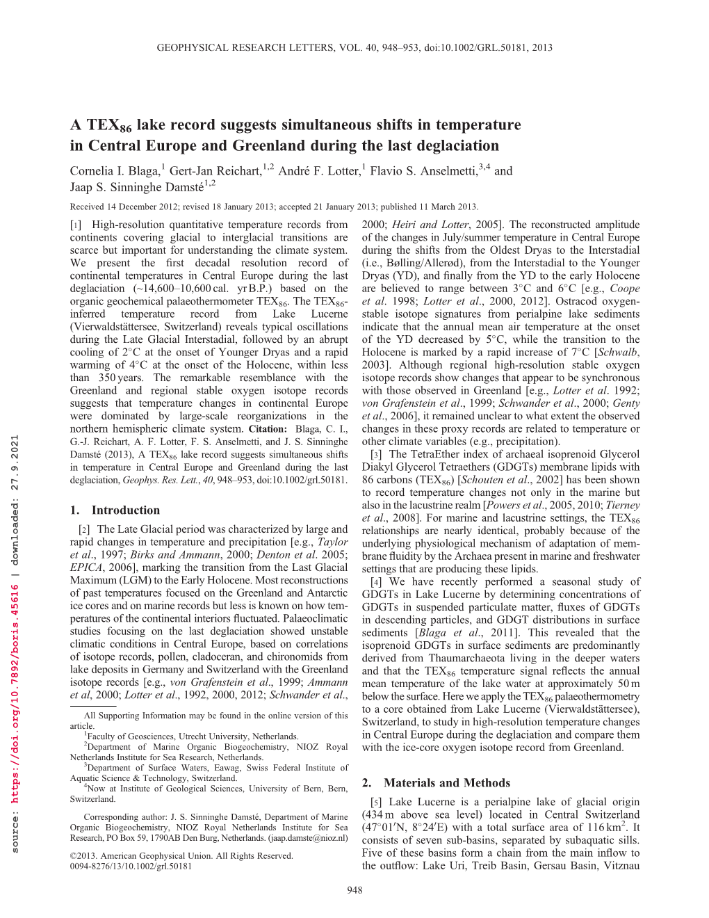 A TEX86 Lake Record Suggests Simultaneous Shifts in Temperature