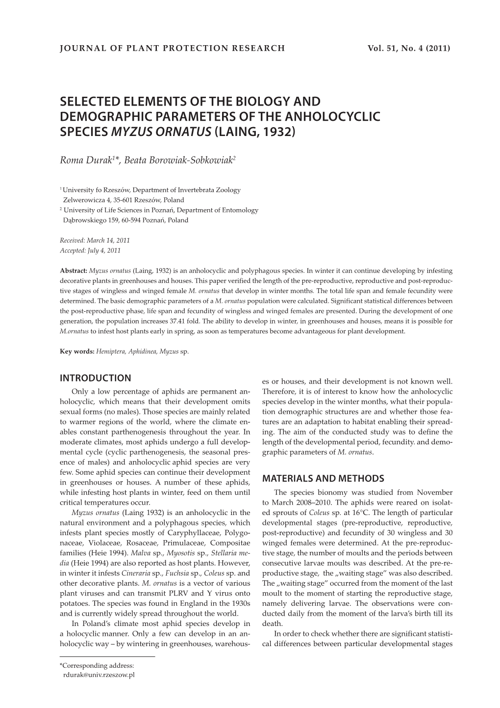 Selected Elements of the Biology and Demographic Parameters of the Anholocyclic Species Myzus Ornatus (Laing, 1932)