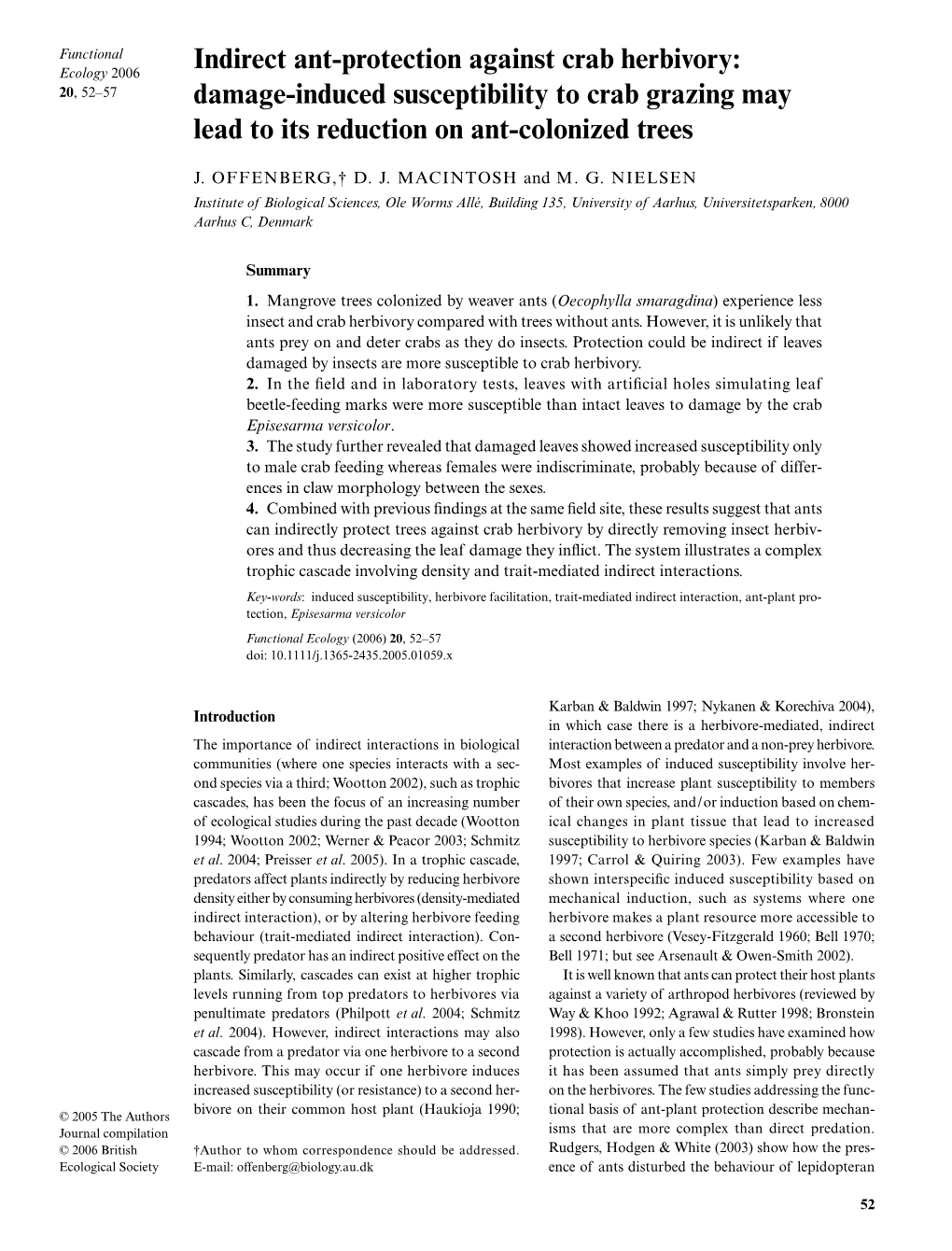 Indirect Ant-Protection Against Crab Herbivory: Damage-Induced