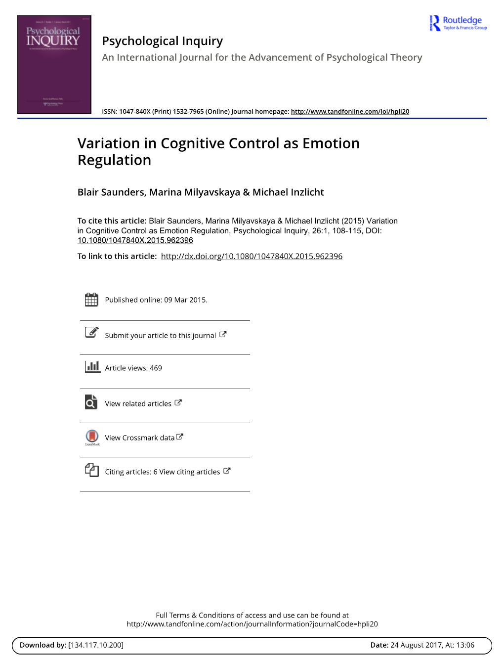 Variation in Cognitive Control As Emotion Regulation