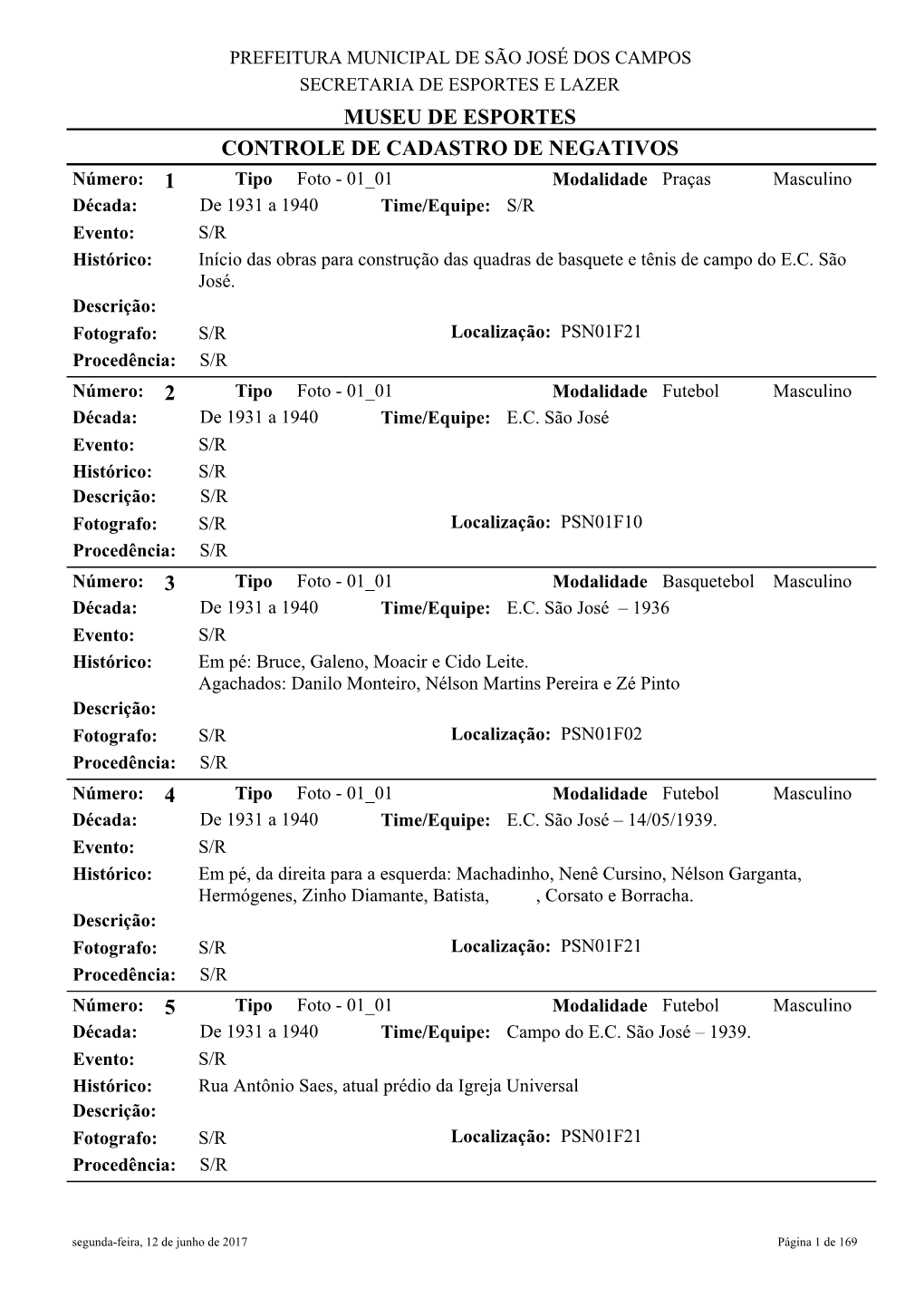 Museu De Esportes Controle De Cadastro De Negativos