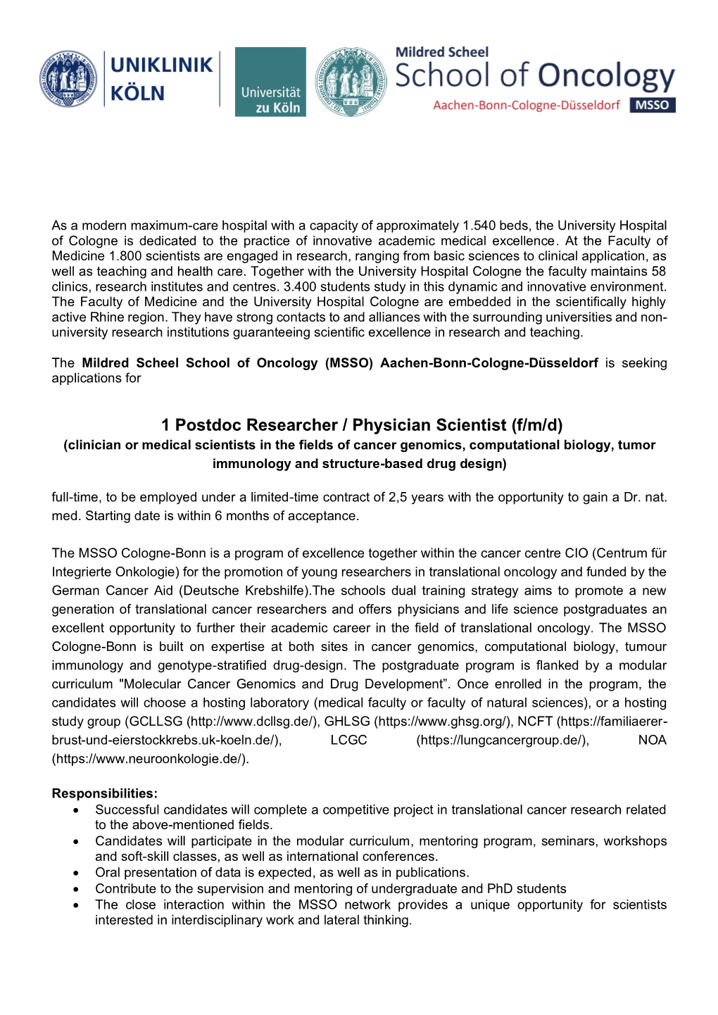 1 Postdoc Researcher / Physician Scientist (F/M/D)